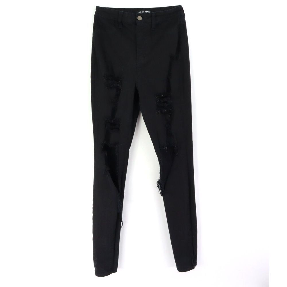 Fashion Nova Jeans High Rise Junior Womens 9 Black Distressed Stretch INSEAM: 32